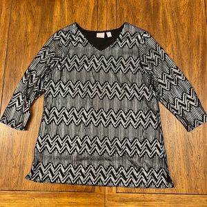Chico’s Metallic Shimmer Tunic- Black/Silver- Size 2